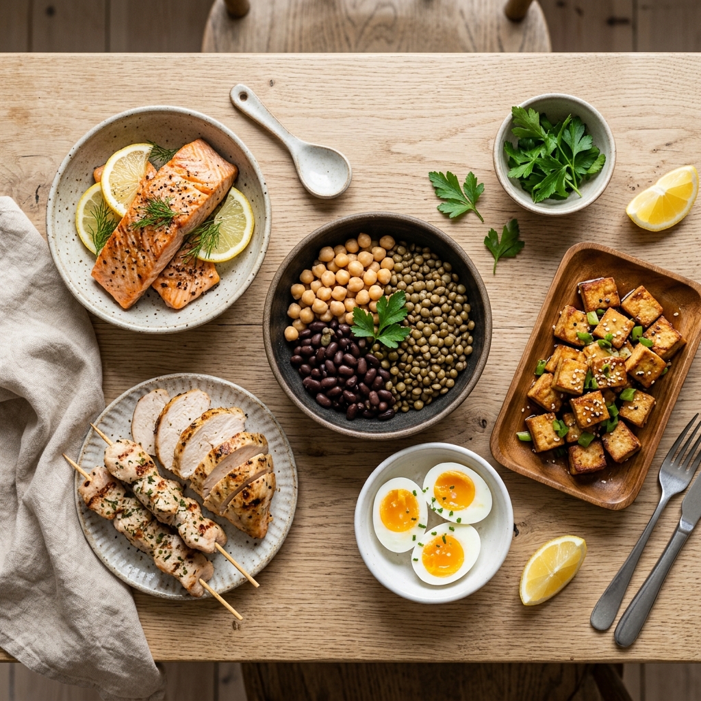 Sources variées de protéines : poisson, volaille, légumineuses, œufs et tofu